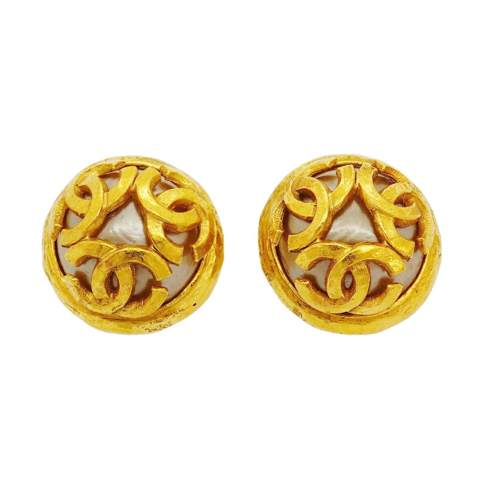 Chanel Earrings, Coco Mark Circle, GP Plated, Faux Pearl, Gold, Women's